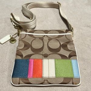 COACH Heritage Tan Rainbow Multi-Color Signature Swingpack Crossbody Bag